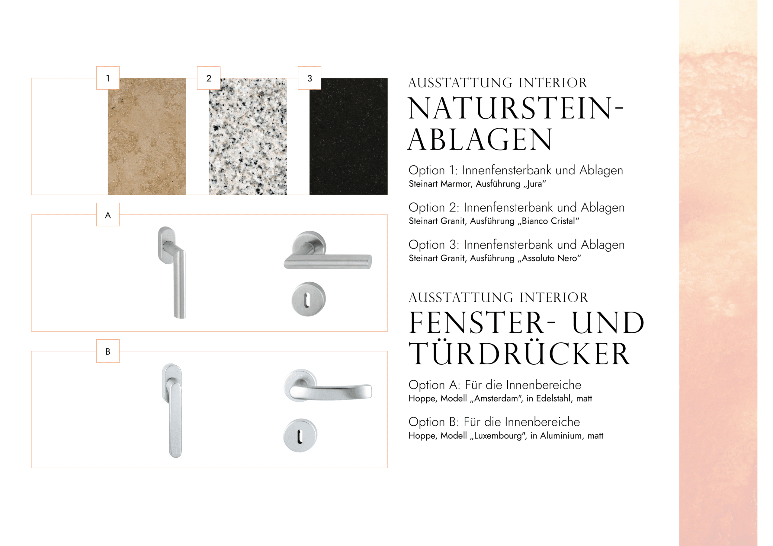 Interior: Naturstein-Ablagen u. Fenster- und Türdrücker